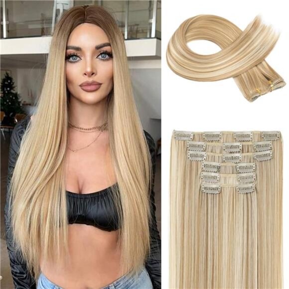 6PC Clip in Hair Extensions Dark Blonde Highlight